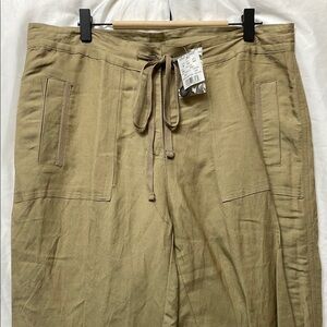 NWT Linen Blend Ashley Stewart Wide Leg Relaxed Tie Waist Tan Khaki Pants, 12